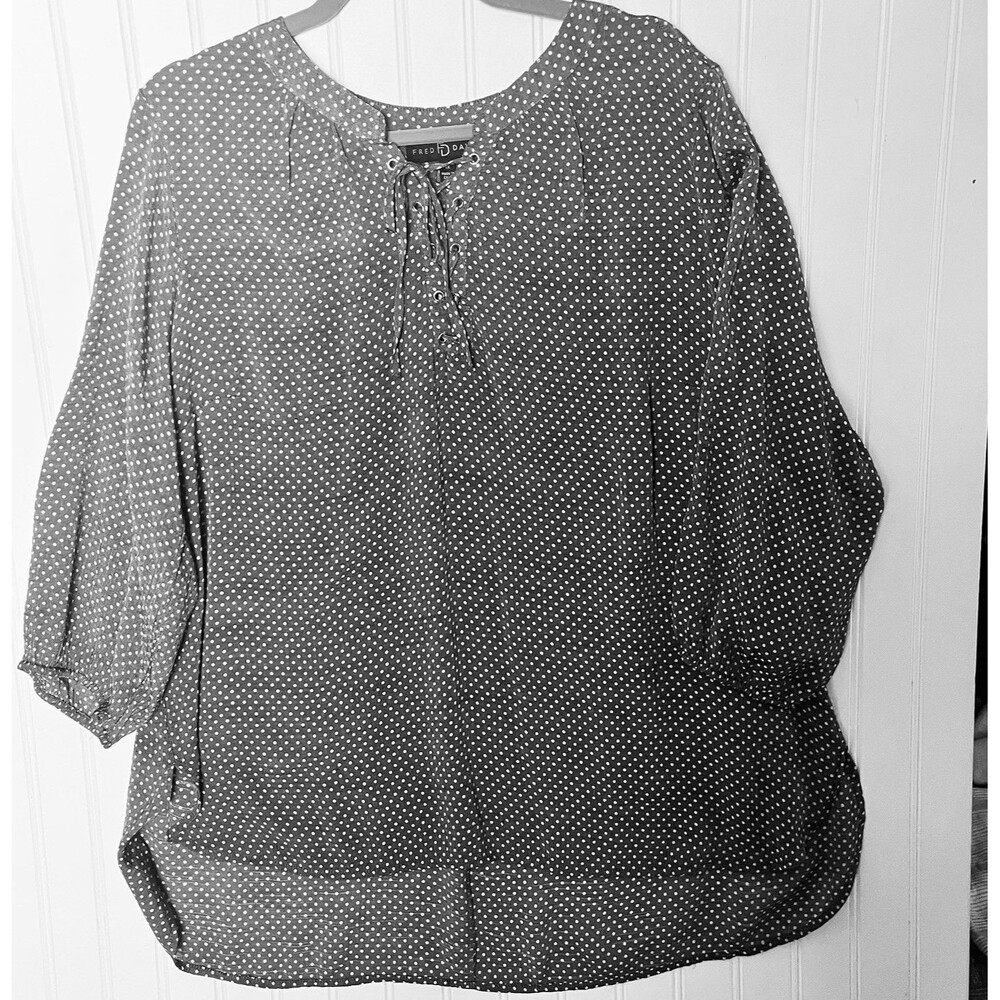 Fred David Womens Peasant Blouse Grey White Polka Dot 3/4 Sleeve Elastic Cuff 1X